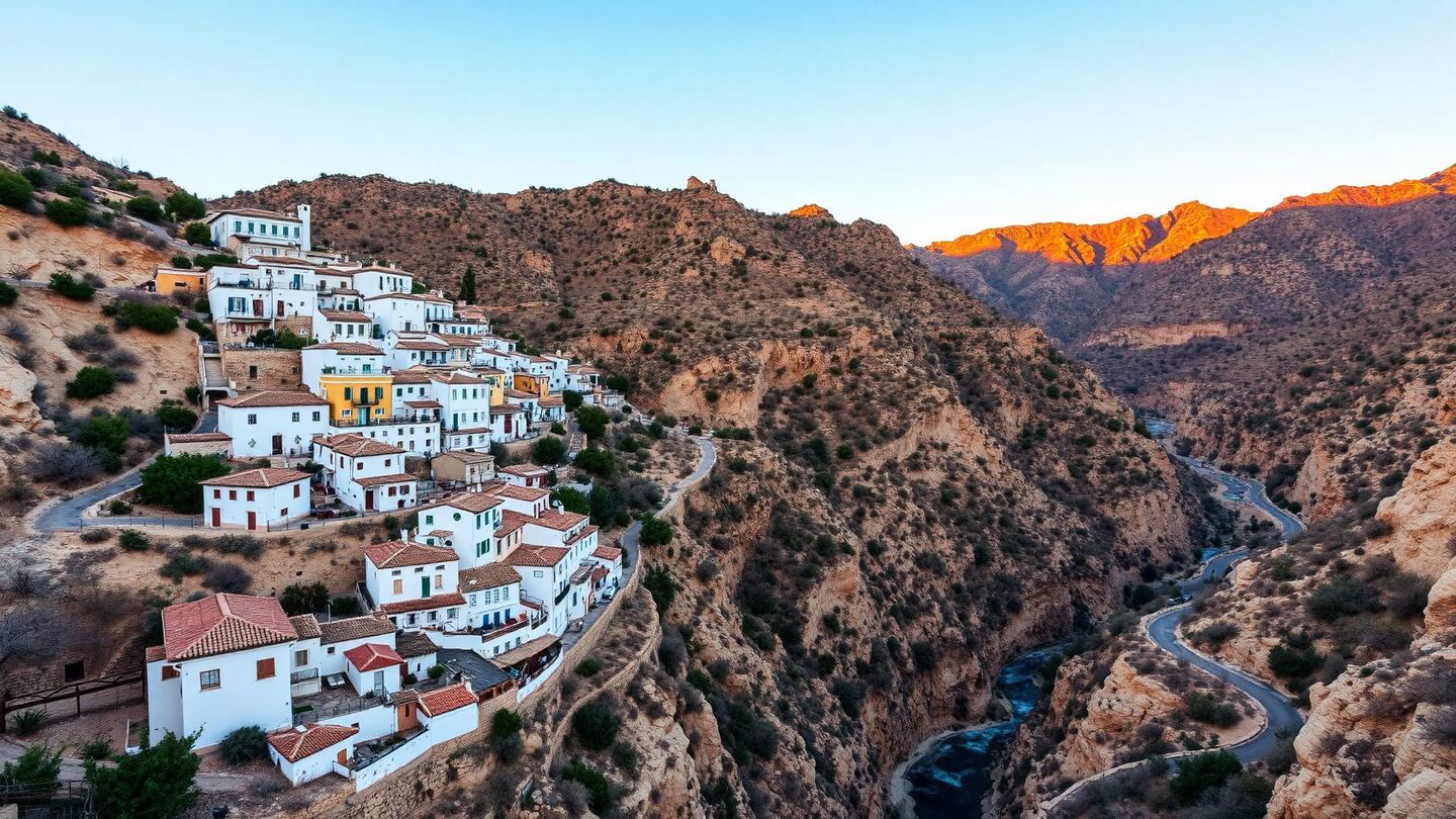 Le village blanc de Benahavís accroché à flanc de montagne, au-dessus d'une gorge et d'une route sinueuse, entouré de pinèdes