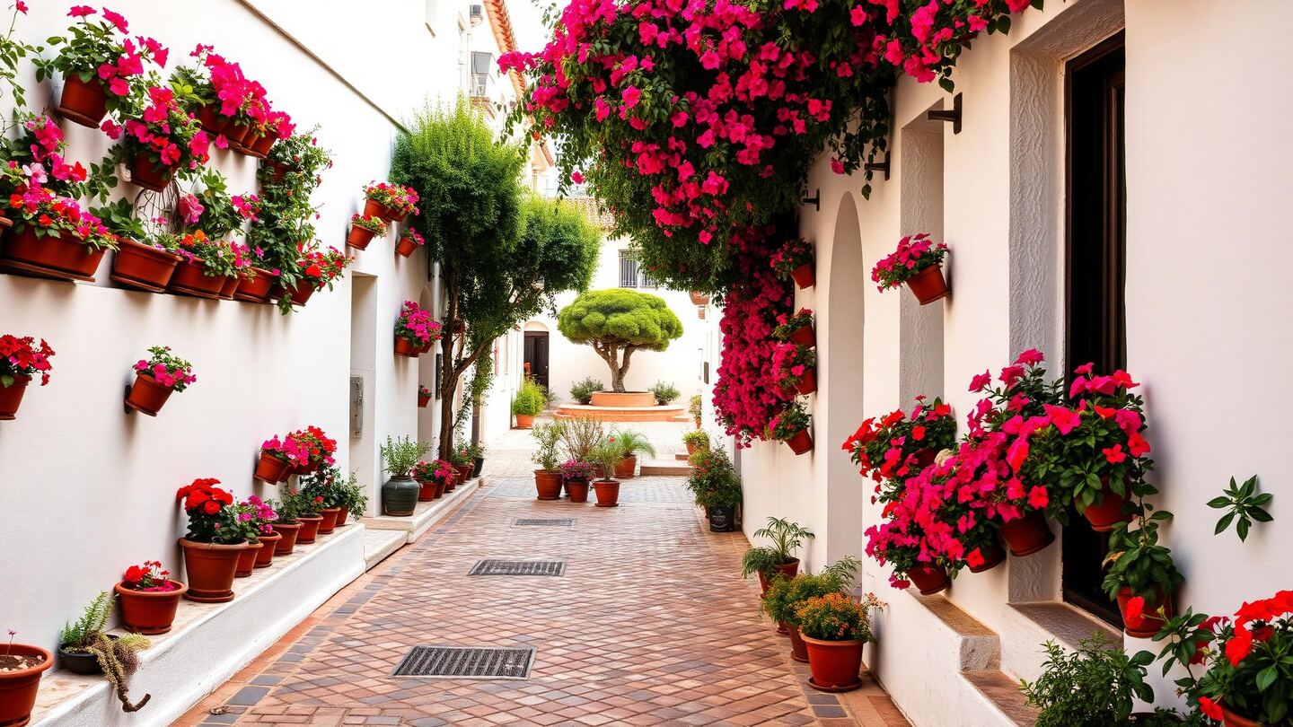 Ruelle piétonne de la vieille ville d'Estepona, murs blancs couverts de pots de fleurs colorés et sol pavé