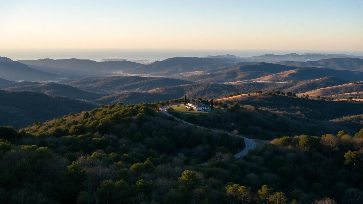 Le domaine privé de La Zagaleta : collines boisées de chênes-lièges, villa isolée entre les arbres et vue lointaine sur la côte