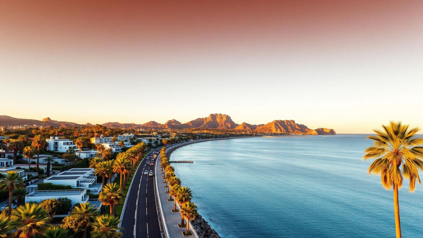 Vue aérienne du Golden Mile de Marbella au coucher du soleil : villas blanches, palmiers du bord de mer et montagne de La Concha en arrière-plan