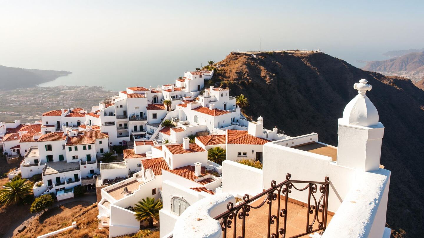 Mijas Pueblo vu depuis un mirador : maisons blanches aux toits de tuiles à flanc de montagne, la côte et la mer en contrebas