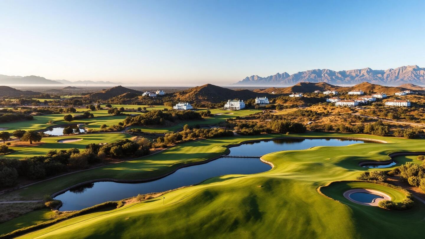 La vallée du golf de Nueva Andalucía : fairways et lacs, villas blanches sur les coteaux et montagnes de Benahavís au fond
