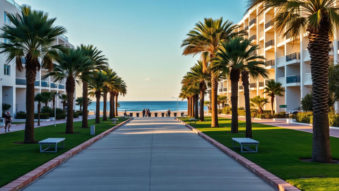 Le boulevard paysager de San Pedro de Alcántara menant à la plage, bordé de palmiers, de pelouses et d'immeubles blancs