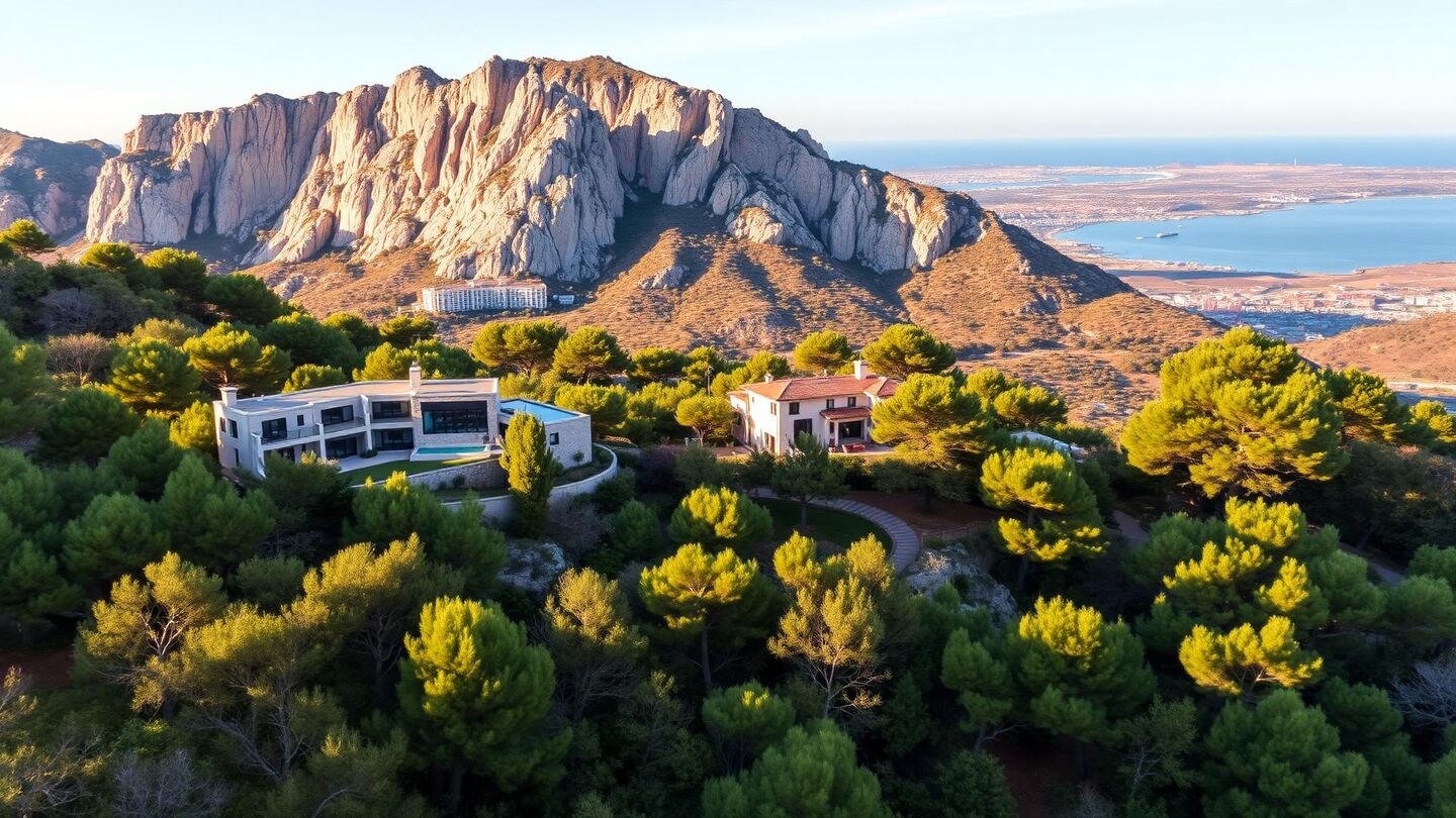 Villas de Sierra Blanca sur les hauteurs boisées de Marbella, au pied de la falaise calcaire de La Concha, avec vue sur la baie